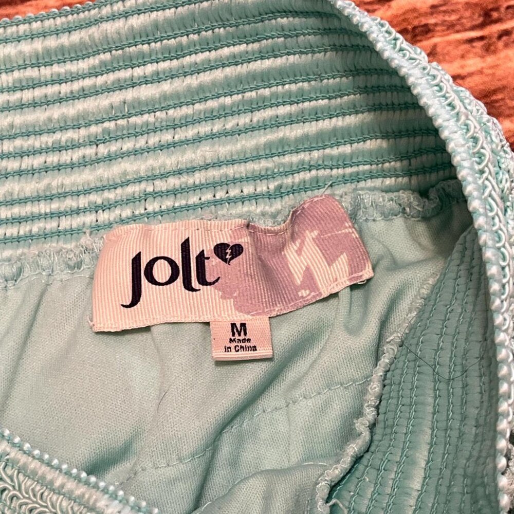 Light teal crochet like shorts with ruffle detail. Y2K fashion. - Picture 2 of 5